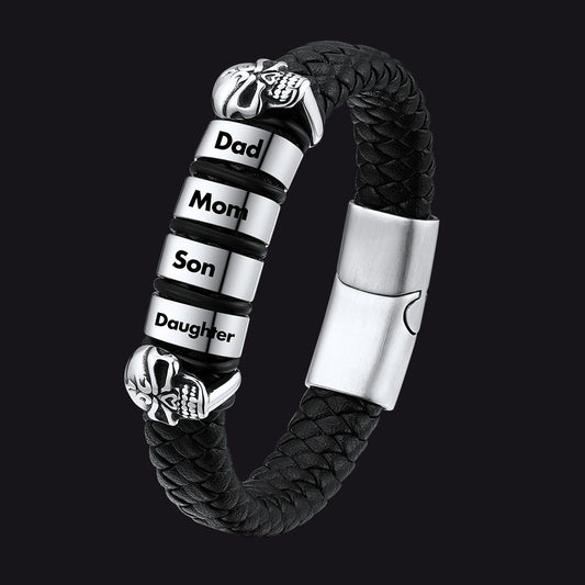 Personalized Name Beads Leather Bracelet With Skull for