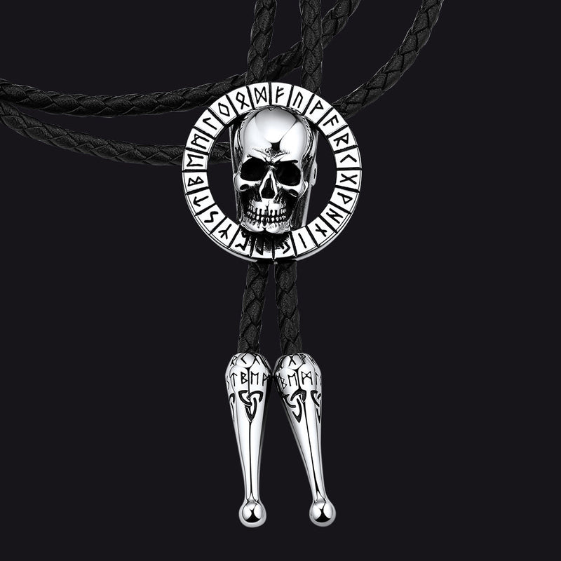 Gothic Skull Bolo Tie With Viking Rune for
