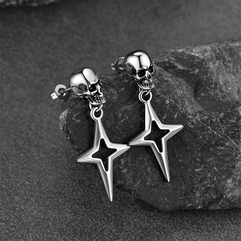 Flash Skull Dangle Stud Earrings With Cross Star for