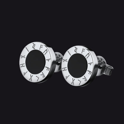 Sterling Silver Viking Runes Black Onyx Stud Earrings for