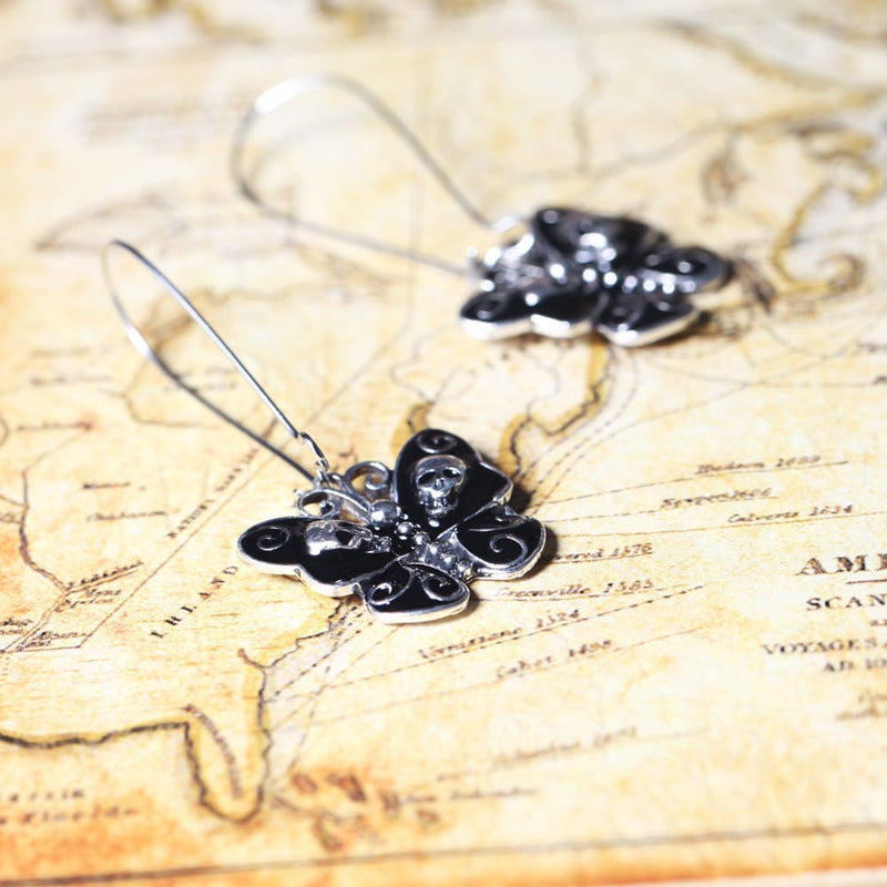 Gothic Black Skull Butterfly Earrings
