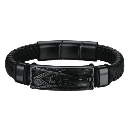 Masonic Compass Braided Black Leather Bracelet for Father Husband