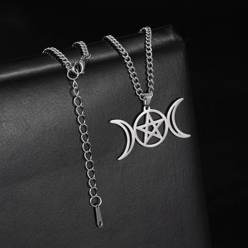 Triple Moon Goddess Pentagram Necklace