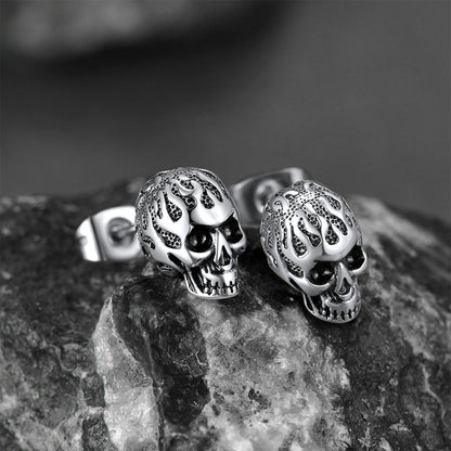 Gothic Flaming Skull Stud Earrings for