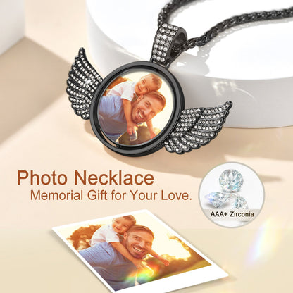 Custom Double-sided Picture Photo Circle Chain Necklace With Angel Wings for