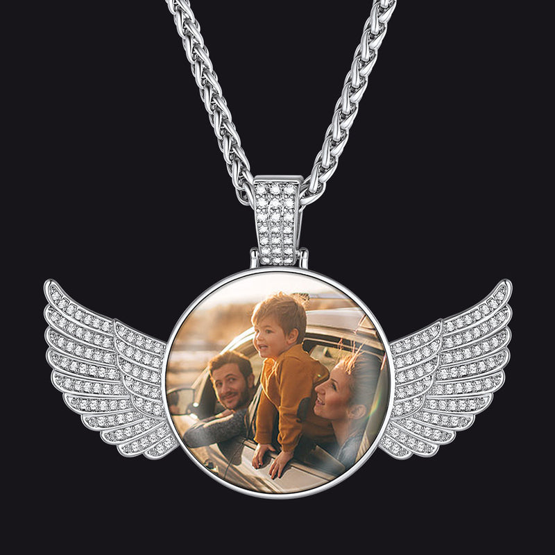 Customized Picture Circle Chain Necklace With Angel Wing Memorial Gift for