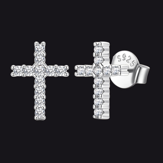Sterling Silver Cross Stud Earrings for With Cz, Christian Jewelry 10mm