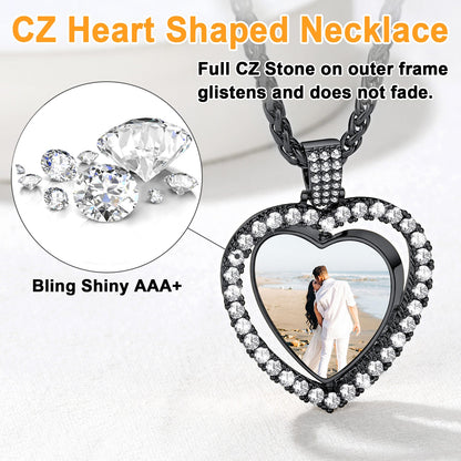 Customized Double-side Heart Picture Photo Necklace With Cubic Zirconia