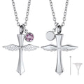 Custom Cremation Cross Wing Urn Ashes Necklace With Birthstone