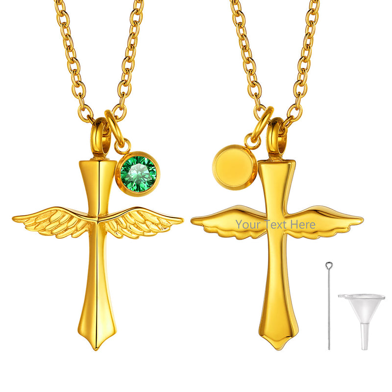 Custom Cremation Cross Wing Urn Ashes Necklace With Birthstone