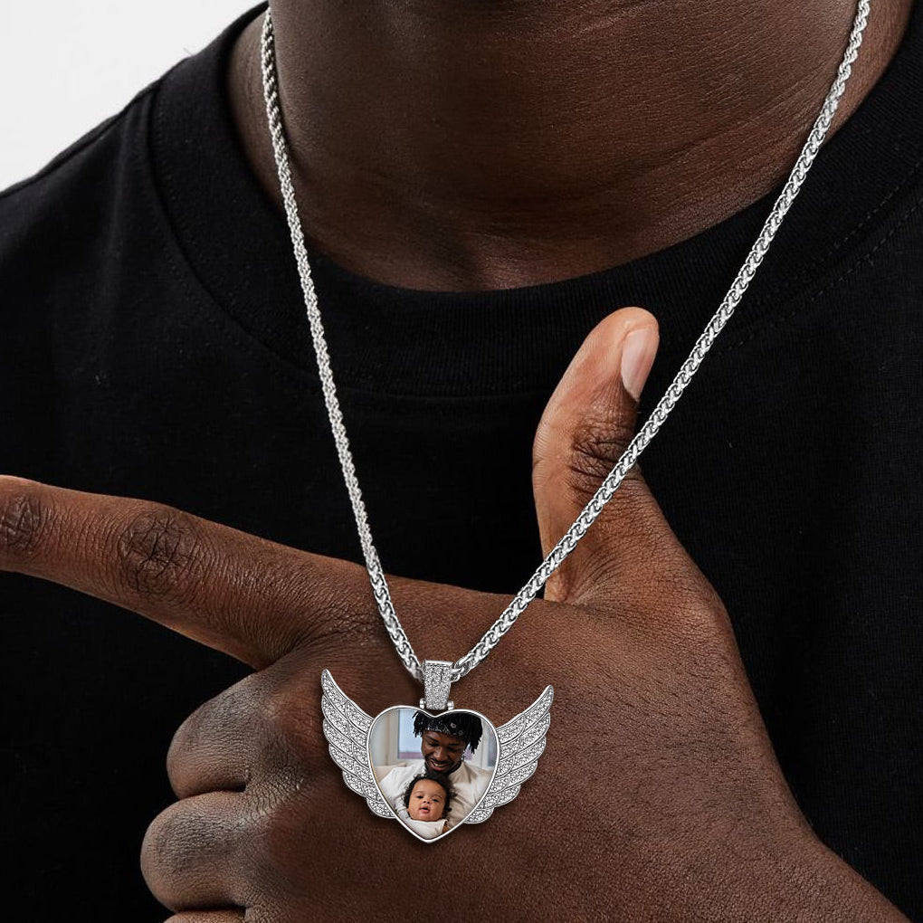 Personalized Picture Angel Wings Heart Necklace for With Cz, Memorial Jewelry