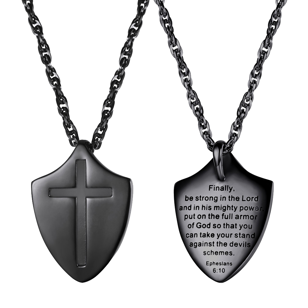 Christian Cross Shield Pendant Necklace With Ephesians 6:10 for