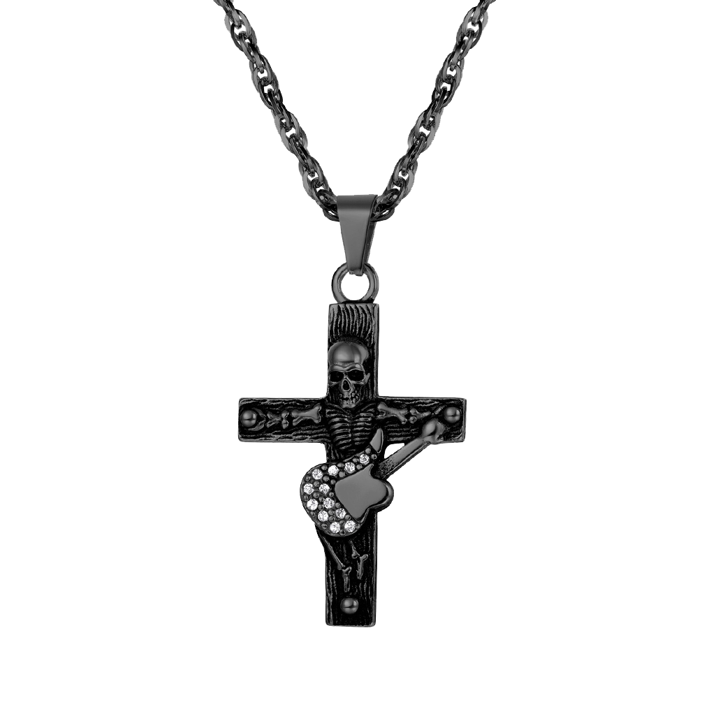 Punk Skull Guitar Cross Necklace for