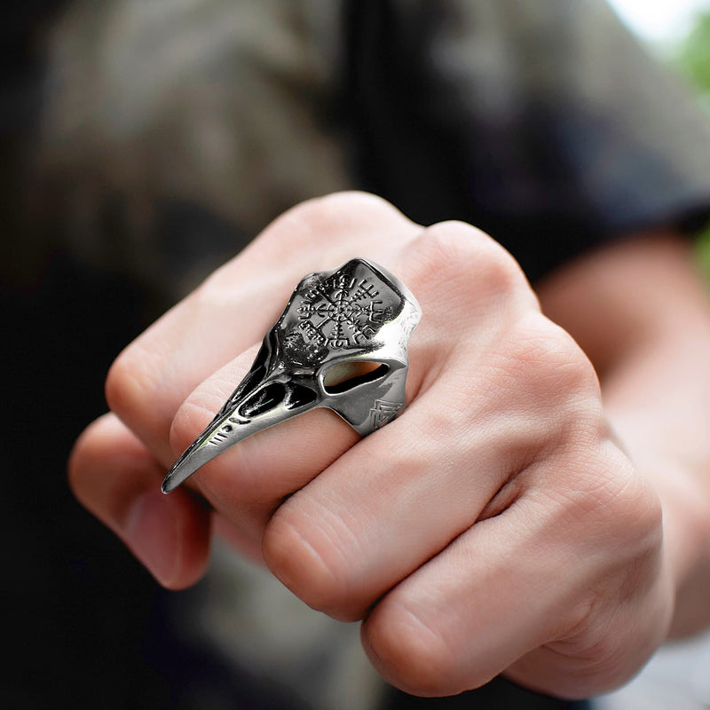 Raven Skull Ring With Viking Compass for