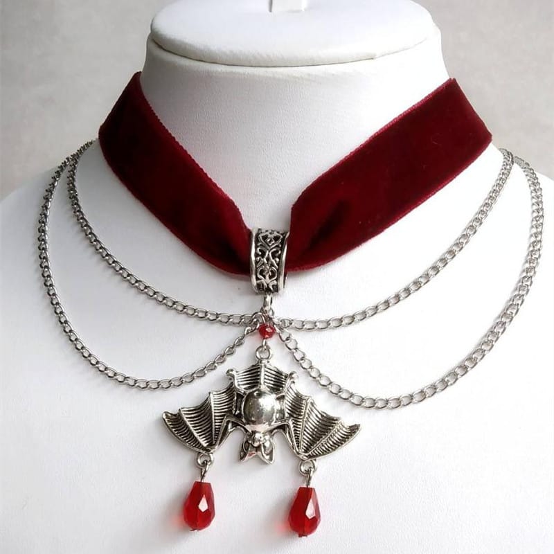Gothic Enchantment: Crimson Velvet Choker With Midnight Bat Pendant