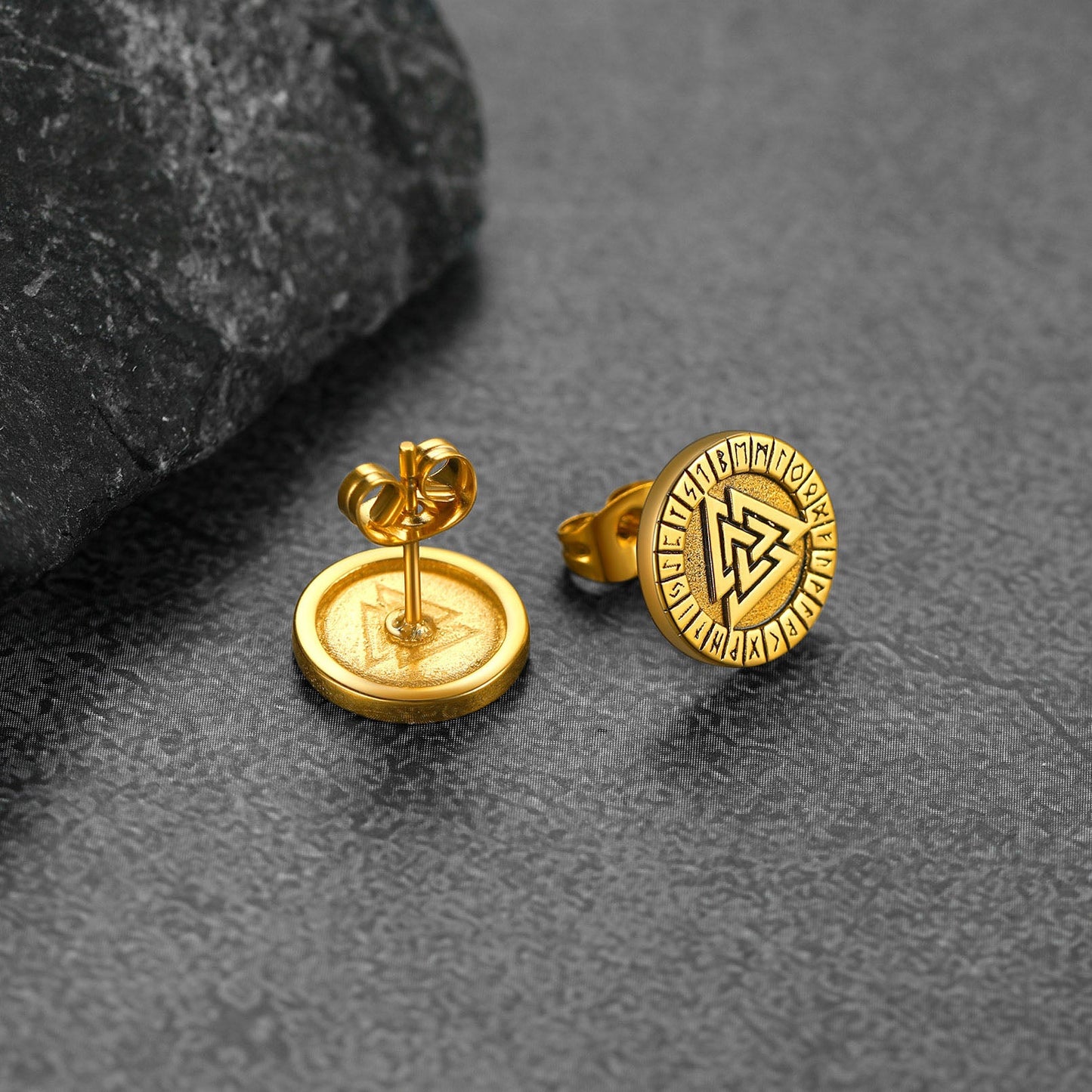 Viking Valknut Black Stud Earrings for With Runes