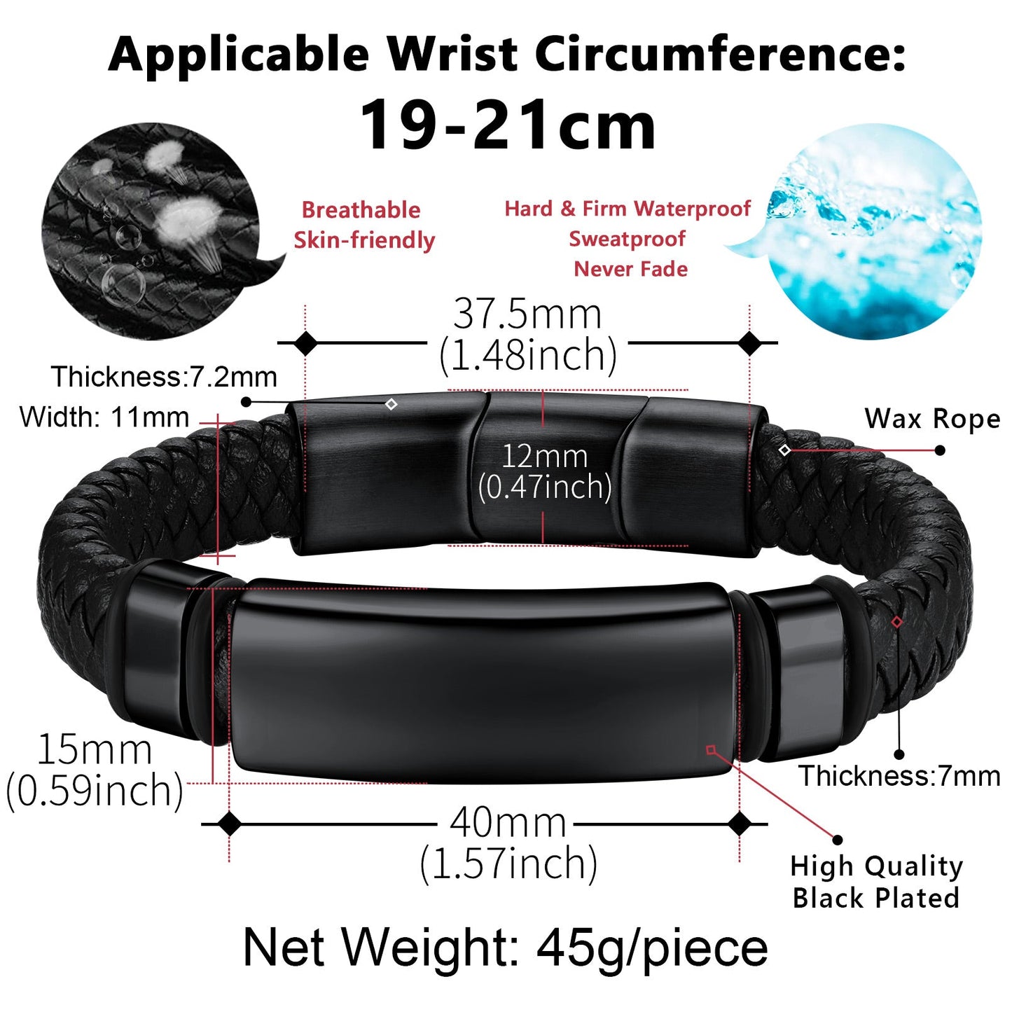 Custom Braided Black Engraved Leather Bracelet Cuff for