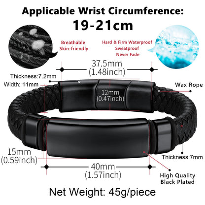 Custom Braided Black Leather Bracelet Birthday Gift for