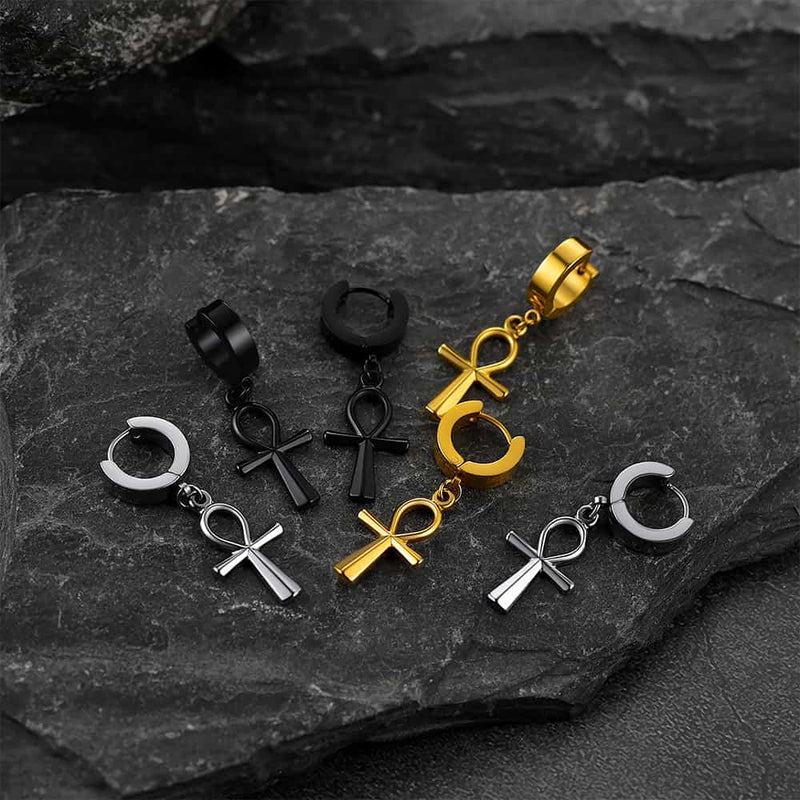 Ankh Cross Dangle Hoop Earrings for