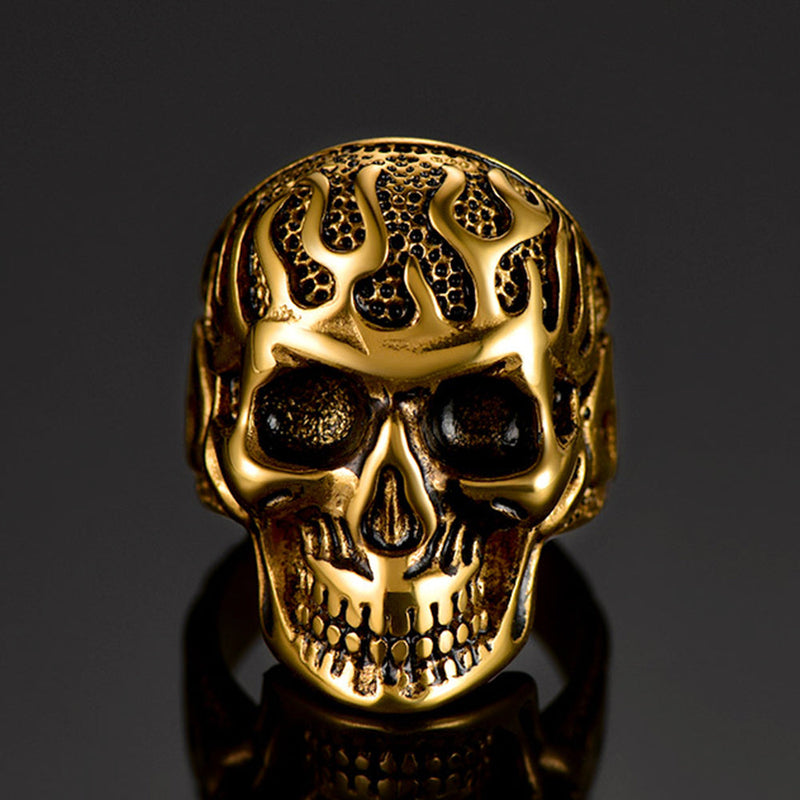 Gothic Fire Flaming Skull Stainless Steel Ring for