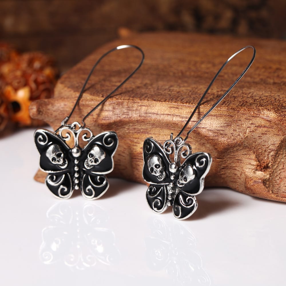 Gothic Black Skull Butterfly Earrings