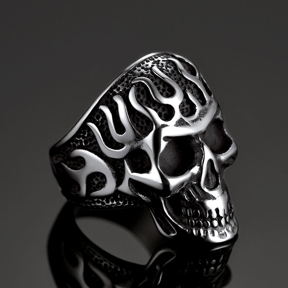 Gothic Fire Flaming Skull Stainless Steel Ring for