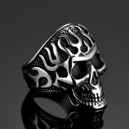 Gothic Fire Flaming Skull Stainless Steel Ring for