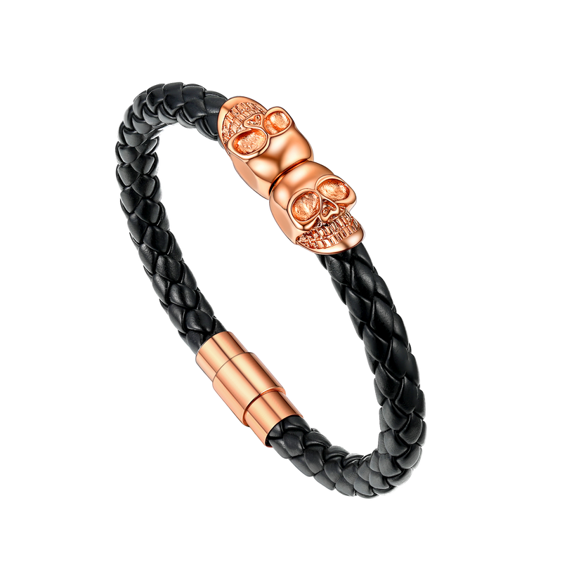 Black Braided Leather Bracelet With Skull for