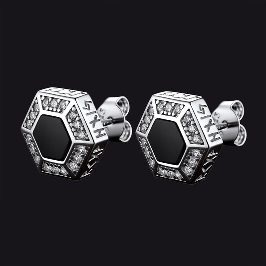Viking Rune Hexagon Black Onyx Stud Earrings for