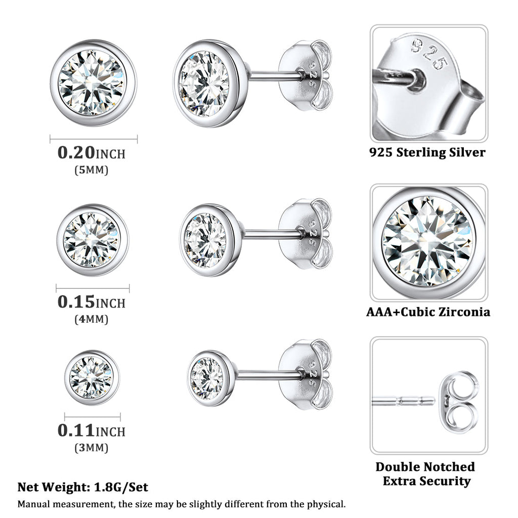 925 Sterling Silver Diamond Stud Earrings Set for 3 Pairs