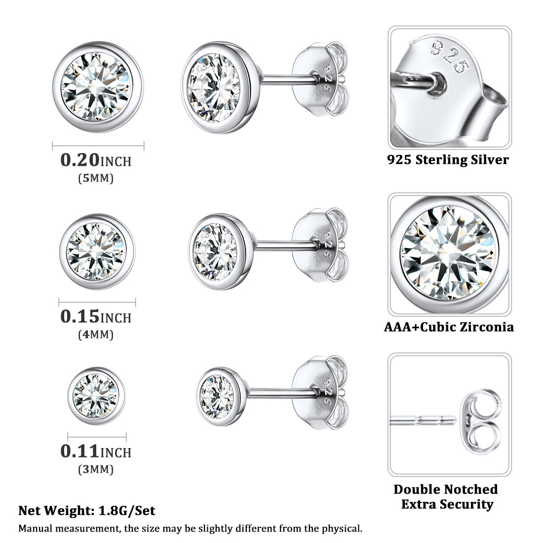 925 Sterling Silver Diamond Stud Earrings Set for 3 Pairs