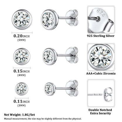 925 Sterling Silver Diamond Stud Earrings Set for 3 Pairs