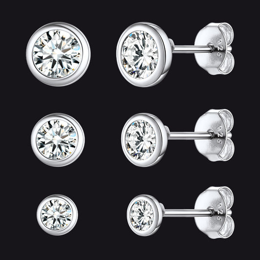 925 Sterling Silver Diamond Stud Earrings Set for 3 Pairs