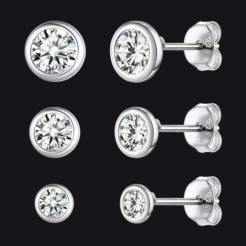925 Sterling Silver Diamond Stud Earrings Set for 3 Pairs