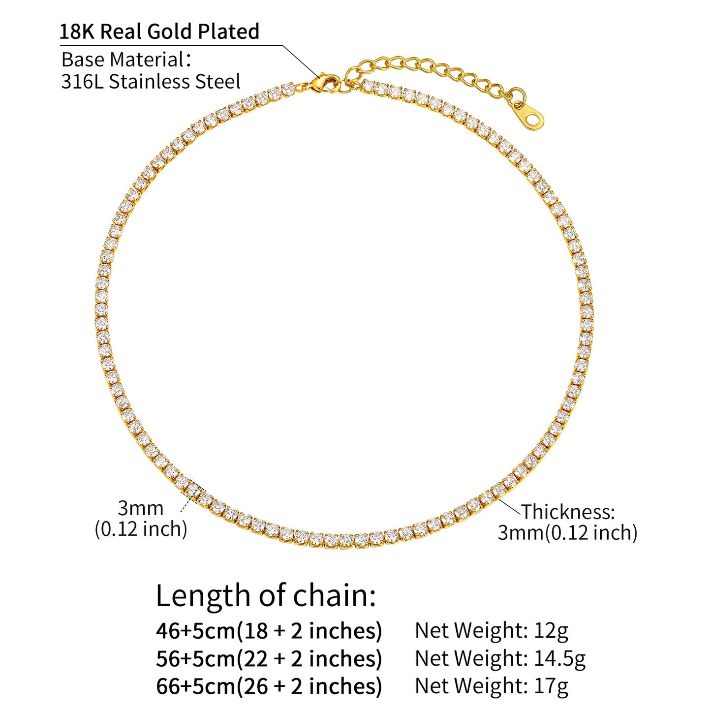 3mm Bling Cubic Zirconia Chain Necklace for
