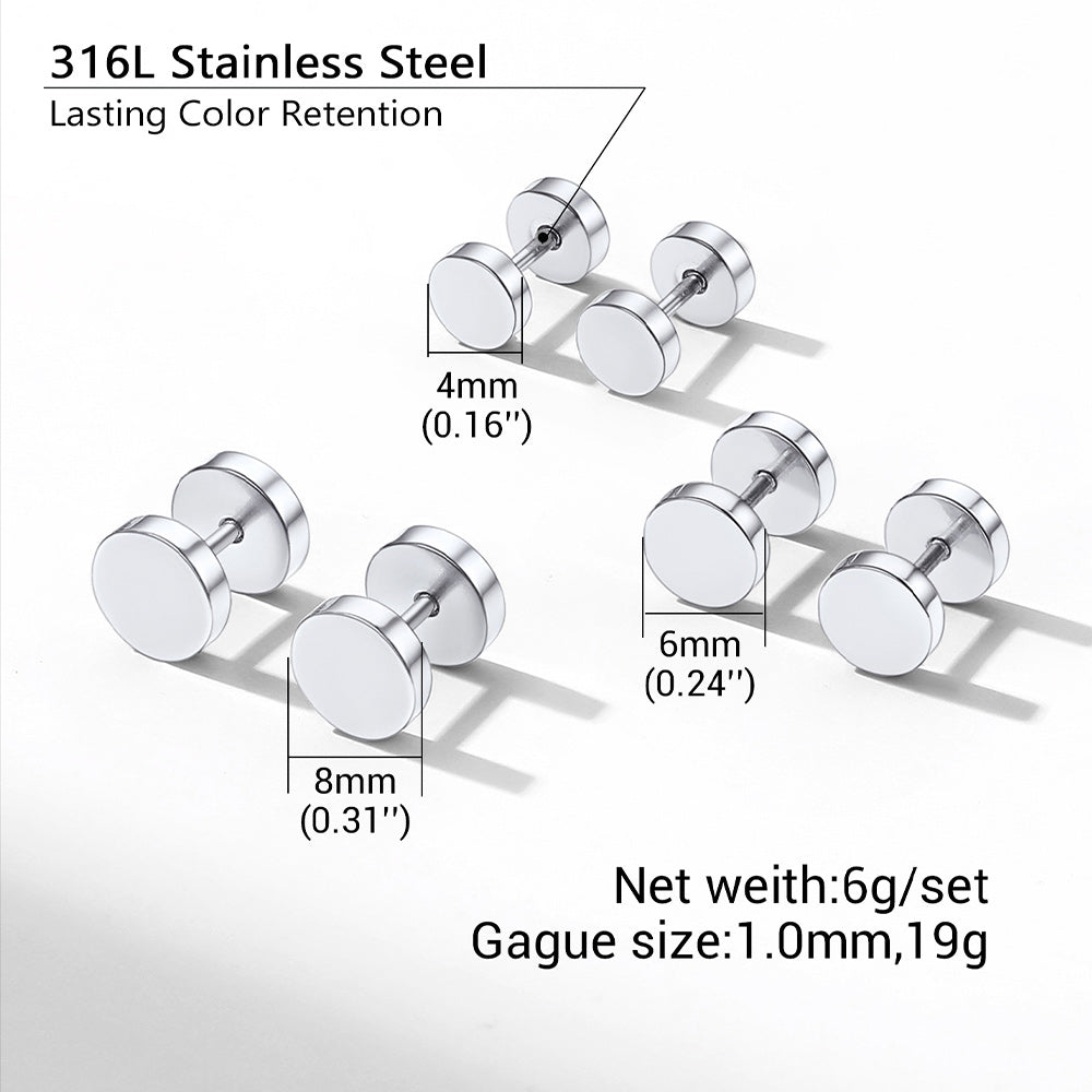 3 Pairs Simple Round Stud Earrings Set for 4/6/8mm Width