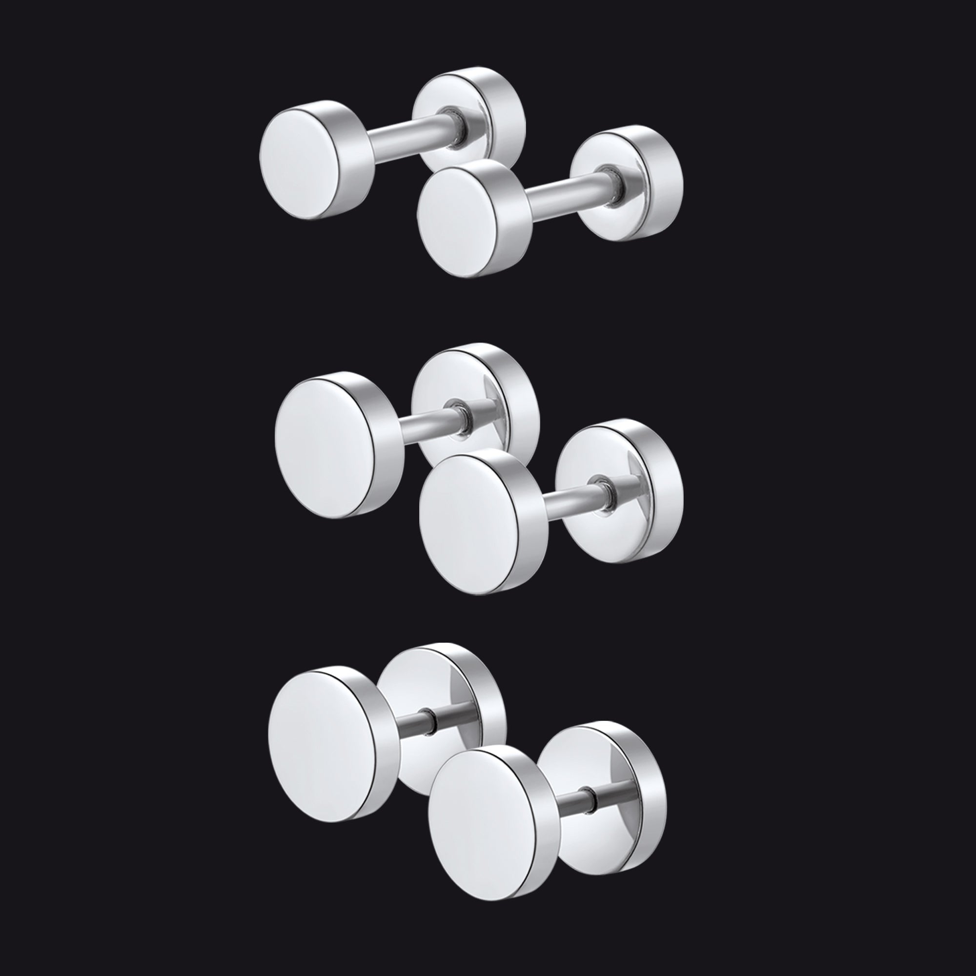 3 Pairs Simple Round Stud Earrings Set for 4/6/8mm Width