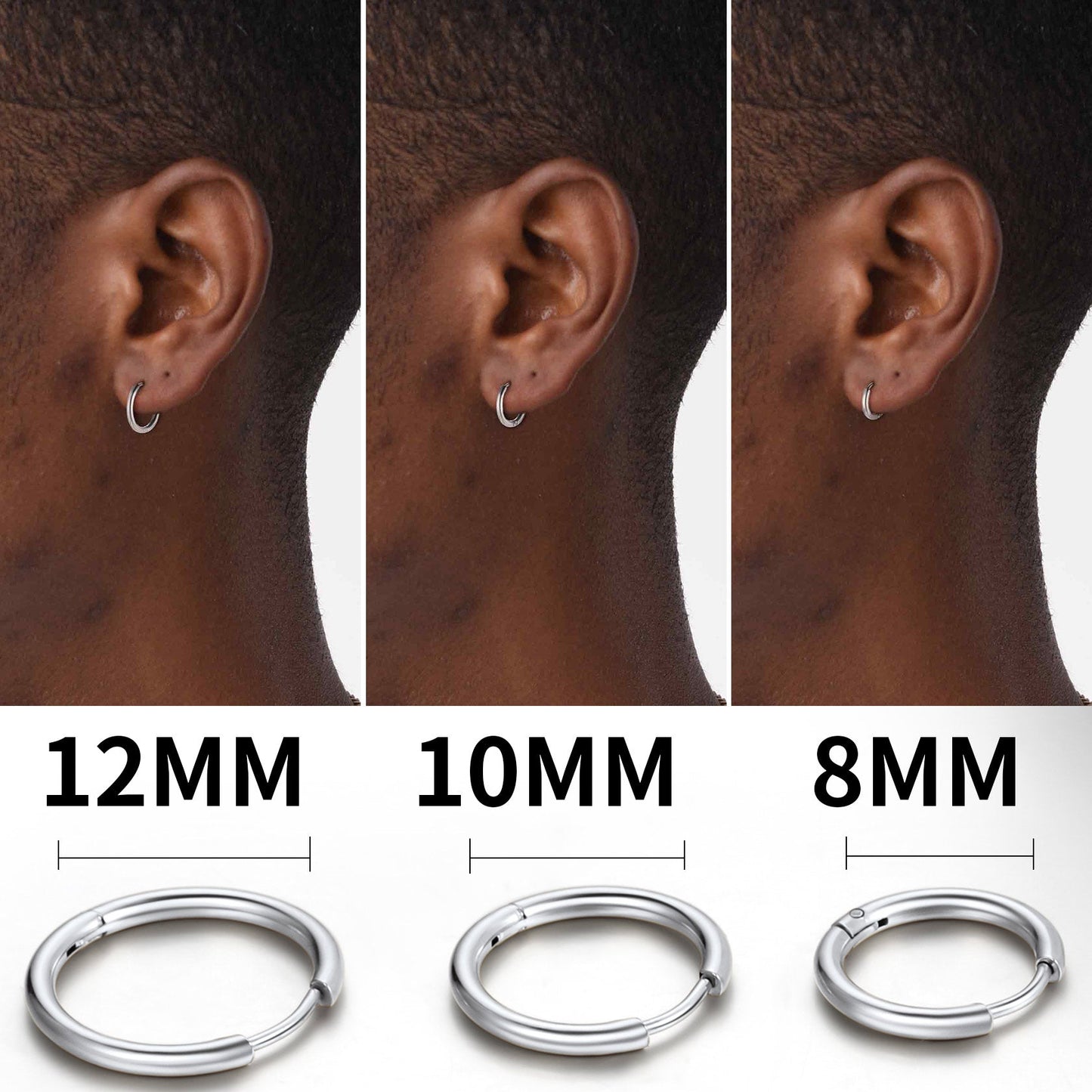 3 Pairs Simple Huggie Hoop Earrings Set 8/10/12 Mm Width