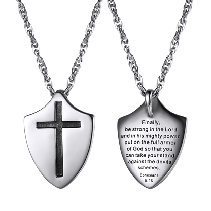 Christian Cross Shield Pendant Necklace With Ephesians 6:10 for