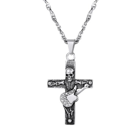 Punk Skull Guitar Cross Necklace for