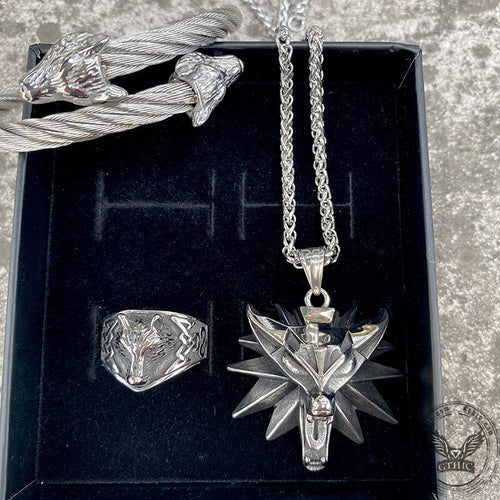 3 Pcs Norse Wolf Head Stainless Steel Jewelry Set