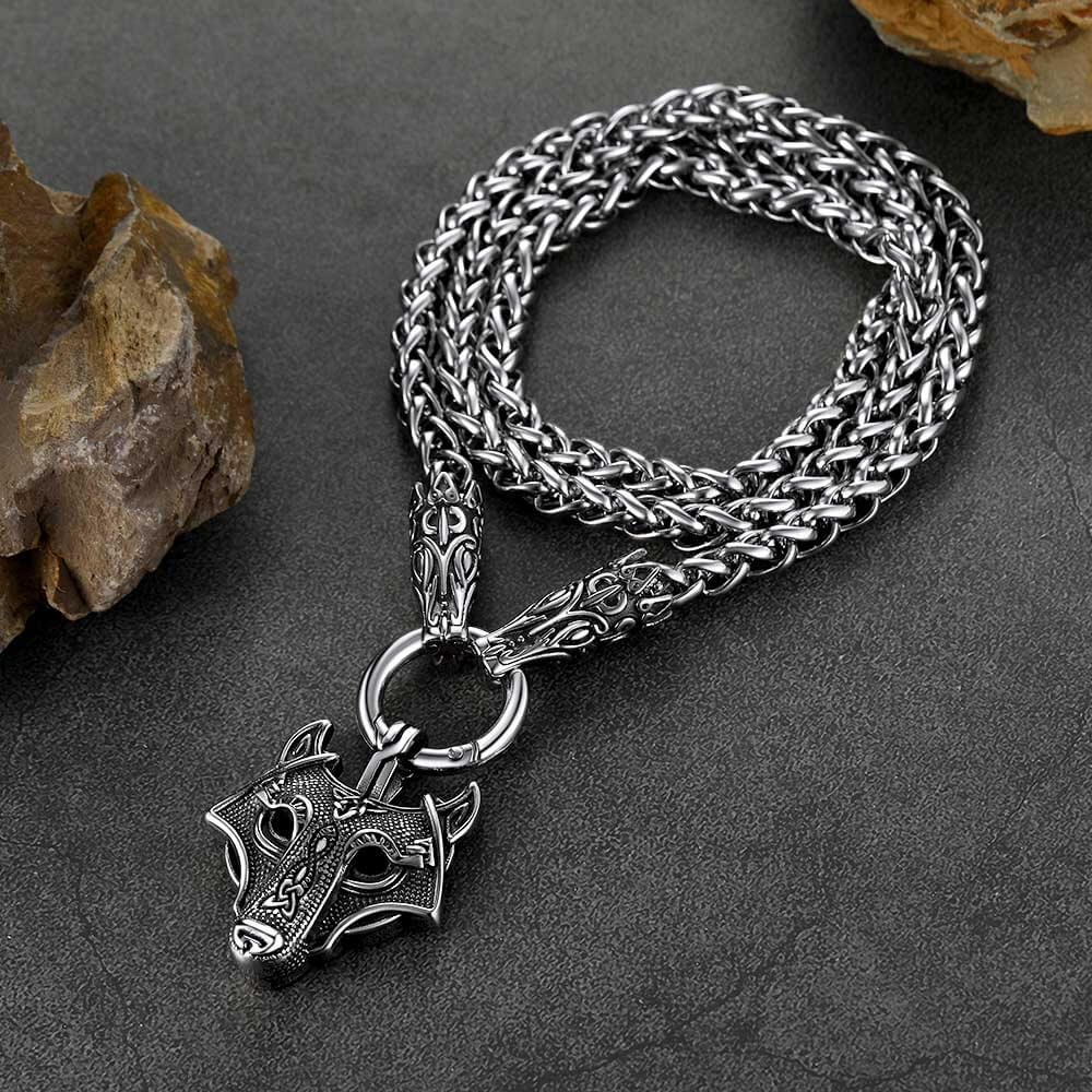 Viking Wolf Pendant Necklace With Wolf Rope Chain for