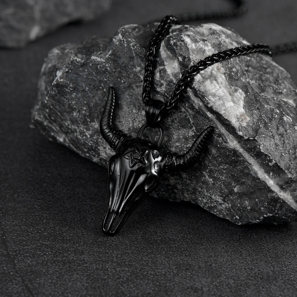 Flash Satanic Bull Cow Skull Necklace With Invert Pentagram for