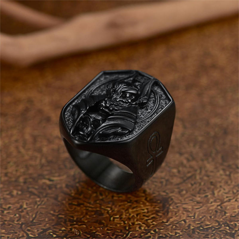 Ancient Egyptian Anubis Signet Ring With Ankh Cross for