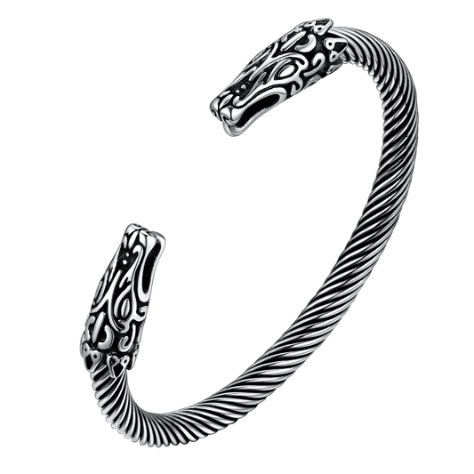 Viking Bracelet Norse Wolf Heads Cuff Bangle for
