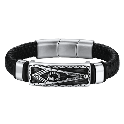Masonic Compass Braided Black Leather Bracelet for Father Husband