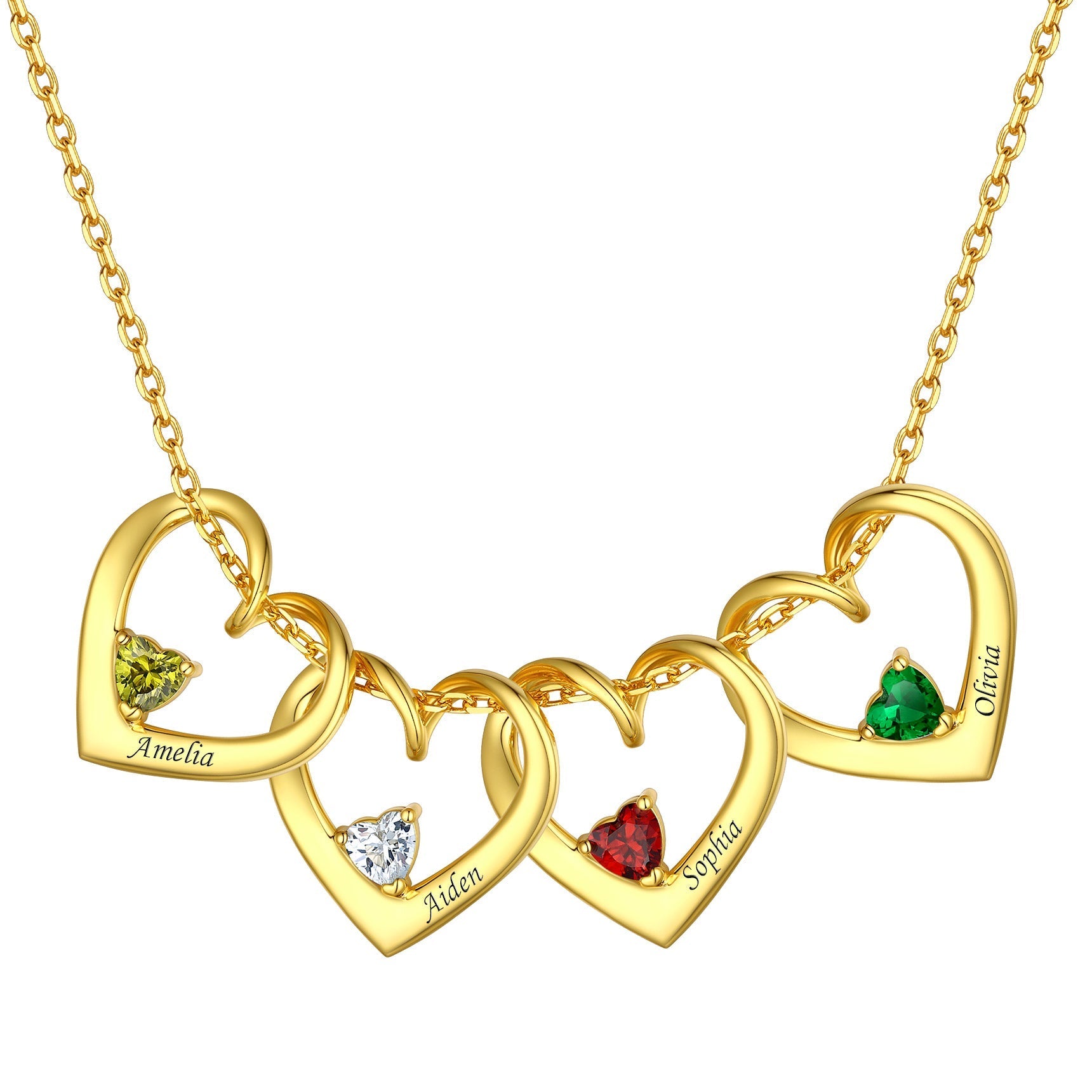 Sterling Silver Personalized 1-5 Hearts Birthstones Necklace for Family