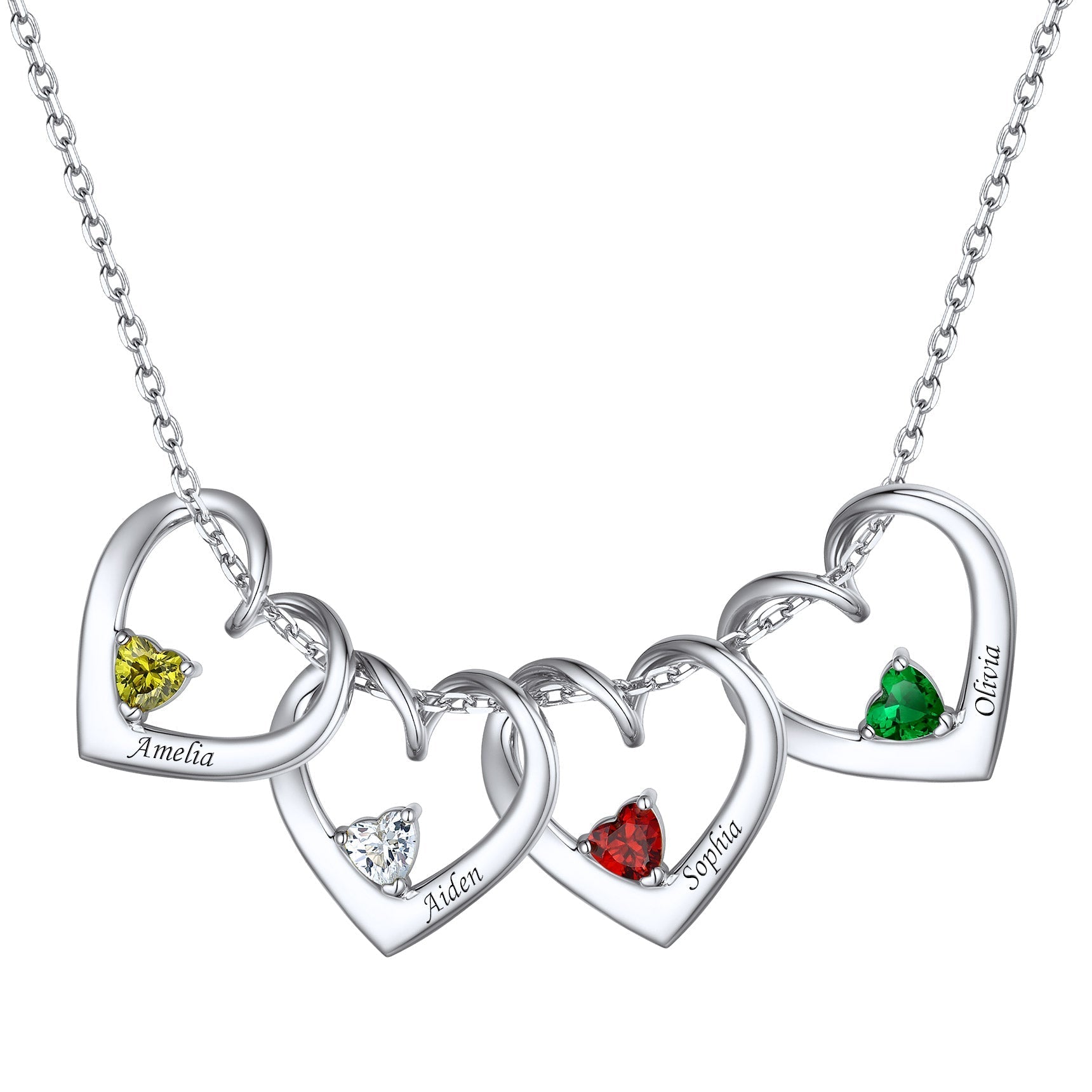Sterling Silver Personalized 1-5 Hearts Birthstones Necklace for Family