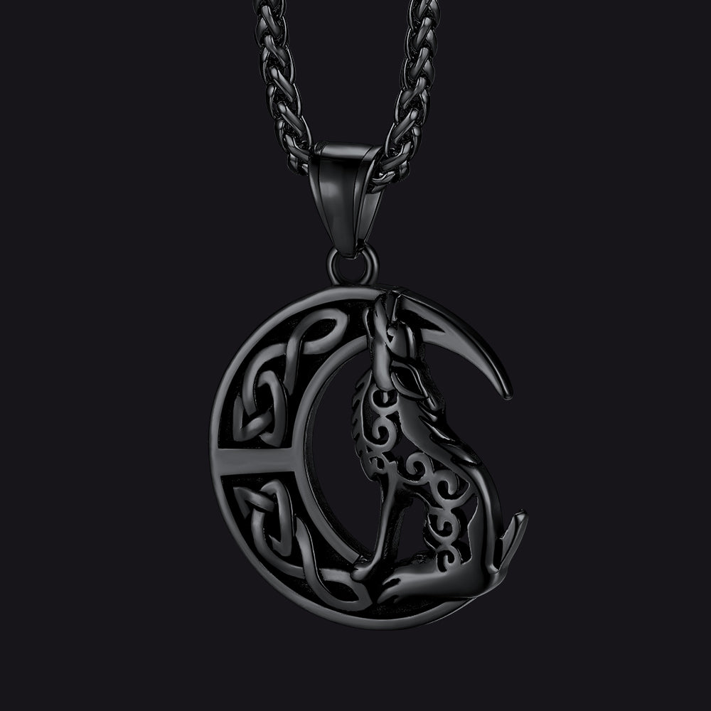 Viking Celtic Crescent Moon Wolf Necklace Pendant for