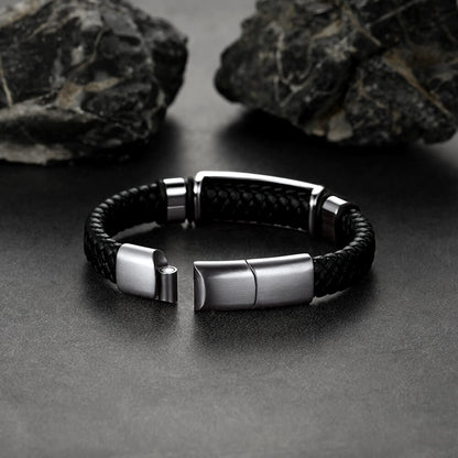 Custom Braided Black Engraved Leather Bracelet Cuff for